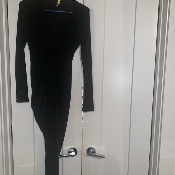 Sexy Long Sleeve Slinky Asymmetrical Black Dress - Picture 2 of 3